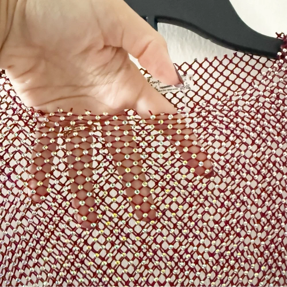 Free People Filter Finish Rhinestone Fishnet Ruby Red Long Sleeve Top Size XS